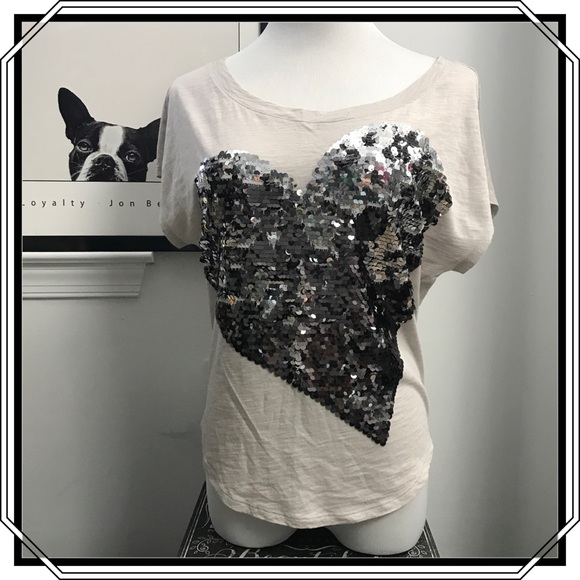 Express Tops - Express Gray/Silver Sequin Heart Shirt Size XS